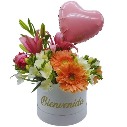 Caja pote con flores de estacion nacimiento bienvenida 